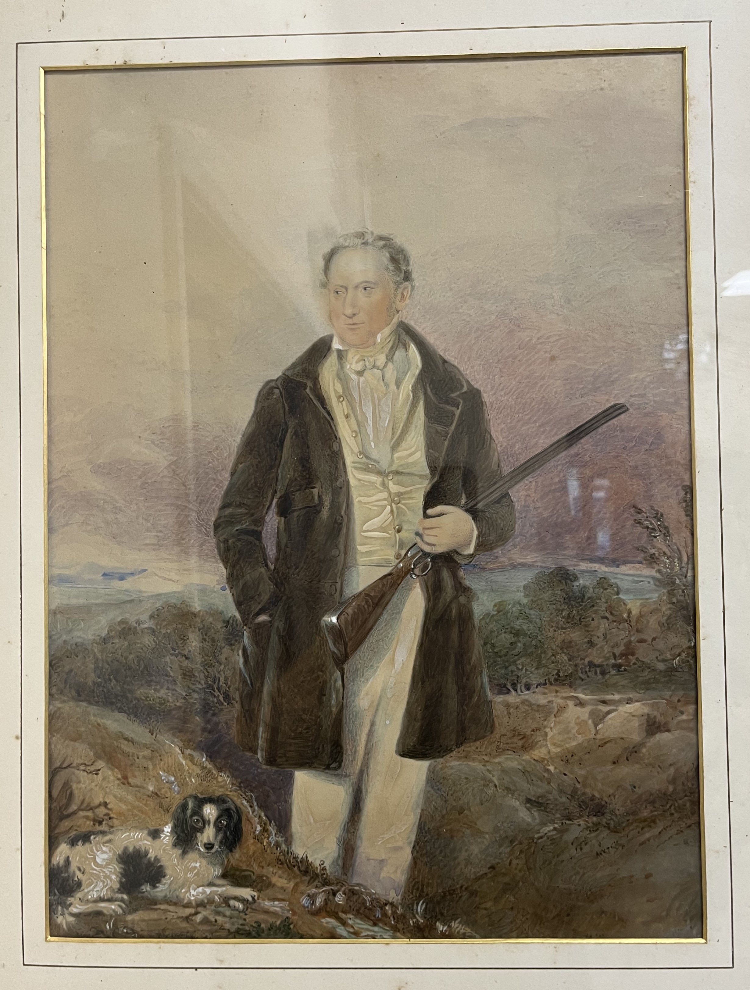 19TH CENTURY ENGLISH SCHOOL "Charles Hoggart Esq" study of gentleman with shotgun and dog at his