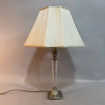 A pewter-coloured metal and fluted glass, column table lamp on square base, 79cm high overall