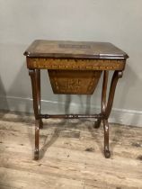 A Victorian walnut and mahogany satinwood and ebony inlaid work box having hinged top, fitted