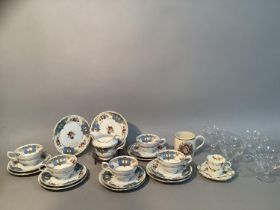 Four etched Stuart crystal dessert glasses, together with a Copelands Grosvenor tea set comprising