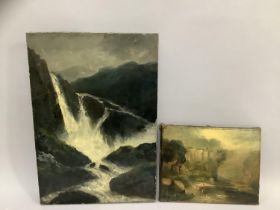 19th British School, Mountain landscape with waterfall, oil in canvas, unsigned, 51cm x 35.5cm