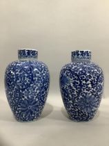 A pair of 19th Century Chinese blue and white vases and covers, ovoid, painted in underglaze blue