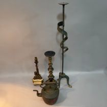 A Verdigris-finish metal candlestand on tripod base 90cm, a copper kettle, gilt metal candlestand on