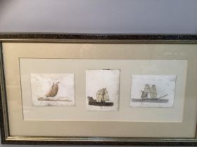 Three 19th century pen, ink and wash studies of ships contained in one frame 16cm x 41cm together