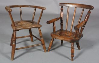A VICTORIAN CHILD'S ELM AND BEECH POTTY CHAIR, lid to seat, on turned legs, 49cm high, together with