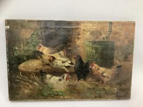 19th English School, Chickens in a corner of the yard, oil on canvas, unsigned, 23cm x 35.5cm