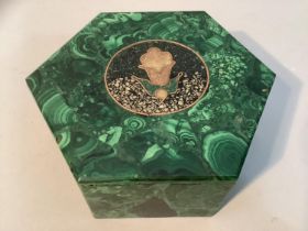 A malachite composition box and cover of hexagonal outline, the cover inlaid in terrazzo and gilt