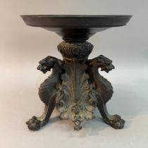 A 19th century bronze tazza/stand the dished top on four lion mask legs with paw feet surmounted
