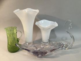 Mid 20th century glass including a pale amethyst glass vase, 36cm wide x 10.5cm high, a clear