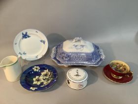 A Spode Coot pattern tureen and cover with moulded finial, a Malingware iridescent plate, a Held