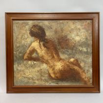 Barton, female nude, three quarter length, reclining, oil on canvas, signed to lower left, 50cm x