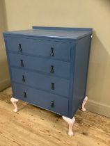 A mid century chest of four drawers on cabriole legs, painted blue and pink, 76cm wide