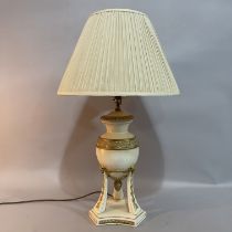 A faux crackle glaze and gilt table lamp on tripod base with stepped plinth, cream pleated silk
