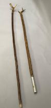 Two long walking sticks with antler handles