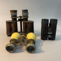 A pair of bakelite opera glasses, a pair of Jesspos 8x21 field glasses and a pair of Foss London