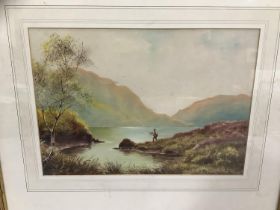 A Ramxx, Lakeland scene with angler on the Lakeside, watercolour, indistinctly signed to lower