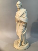 A 19th Century parian figure of George Washington, standing, a scroll in hand, on a plinth base,