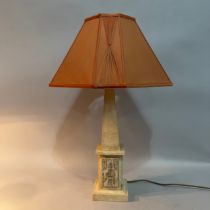 An Egyptian-style obelisk table lamp with burnt sienna silk-shade, 71cm high overall