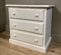 A white painted pine chest of three height on plinth base, 77cm wide