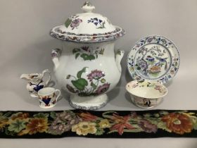 A large 19th century lidded tureen with twin handles painted with flowers, a Gaudy Welsh cup and