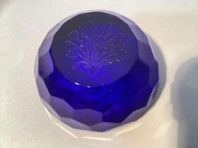 A St Louis Art glass paperweight, the cobalt blue multi-faceted dome etched with flowers, maker's
