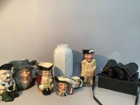 A Royal Doulton Sir Francis Drake character jug together with Rip Van Winkle, Jolly Toby and two