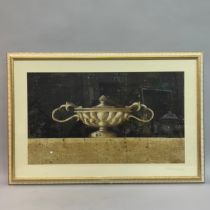 Decorative print, classical urn on a stone ledge, cream and gilt frame, 75cm x 112cm with frame