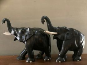 A pair of ebony elephants with bone tusks 29.5cm high over trunk