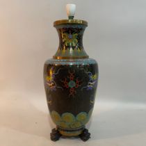 A Chinese cloisonné vase converted to a table lamp, enamelled with opposing dragons chasing the