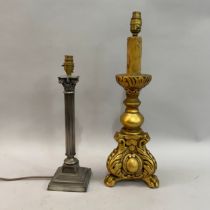 A gilt plaster baroque-style table lamp on four feet, 55cm high to fitting together with a white