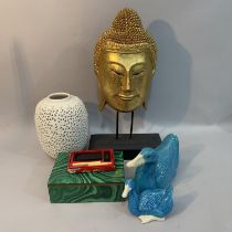 A gilt buddha mask on stand, two Chinese turquoise glazed ducks, white reticulated lamp base (no