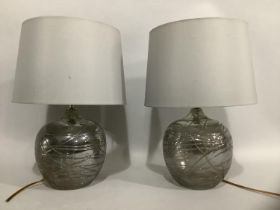 A pair of silver lustre glass table lamps with grey shades, 39.5cm (with shade)