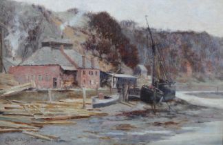 Lester Sutcliffe (1848-1933), Shipyard, inner harbour, Whitby, low tide with fishing boats, aground,