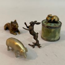 A white metal and Connemara drum trinket box, the lid mounted with a rabbit finial, together with