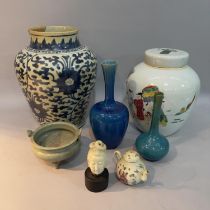 Chinese ceramics including a famille rose ginger jar and cover painted with figure on horseback