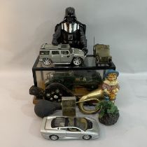 Two model cars, an Incredible Hulk model, Darth Vader model and a vintage car horn etc