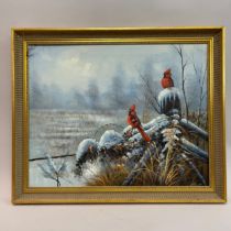 Glyn, 20/21st Century, A pair of Northern Cardinals in a winter landscape, oil on canvas, signed,
