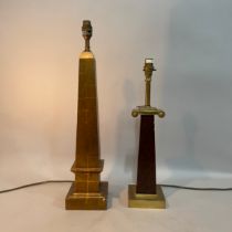 A bronze gilt-coloured obelisk table lamp, 57.5xm high to fitting and another similar with brass