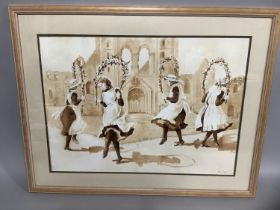 Pam Slater, girls in 19th century dress skipping with floral gardens in front of an abbey,