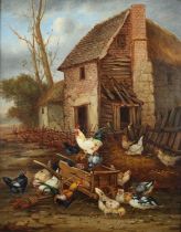 Claude Guilleminet French 1821-1866) Cockerels, hens and ducks in the corner of a barn and in the