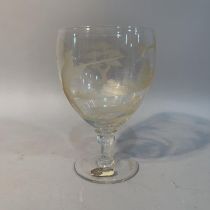 A Harbridge crystal goblet, etched with a huntsman shooting game birds, with hound in continuous