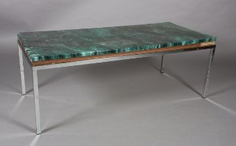 A Knoll International style faux marble formica coffee table, rectangular, on chromed square section