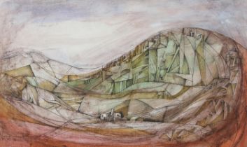 ARR Peter Nuttall (b1943) Landscape with farmstead in the valley, pen and ink and colour wash,