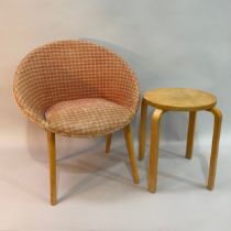 A bentwood stacking stool in the style of Alvar Aalto together with a late 1950s basket weave