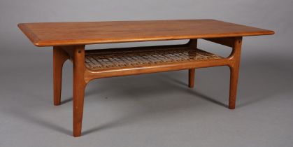Trioh, Denmark, A teak coffee table with rattan undertier on tapered legs, c1960s, 120cm wide x 53cm