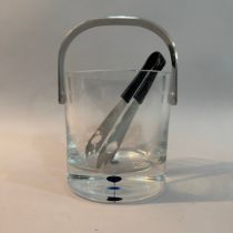 An Orrefors glass ice pail, cylindrical insert to base with a cobalt blue bubble, stainless steel