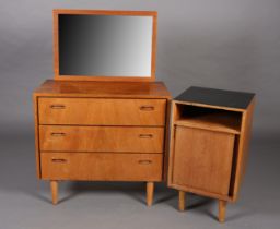 A Stag teak and mirrored dressing chest of three drawers and a black Formica topped bedside