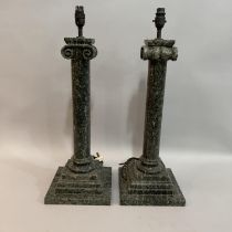 A pair of granite ionic column table lamps on stepped square base, 63cm high