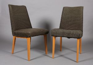 A pair of early G Plan side chairs, original olive green fabric upholstered back and seat, on square