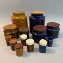 Hornsea pottery 'Heirloom' ware in blue/black including three storage jars, 20cm and 11.5cm high,